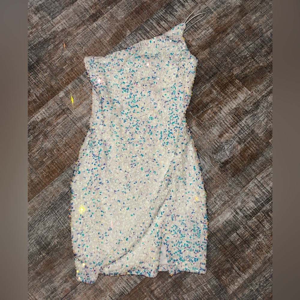Sequin One-Shoulder Mini Dress in Iridescent White